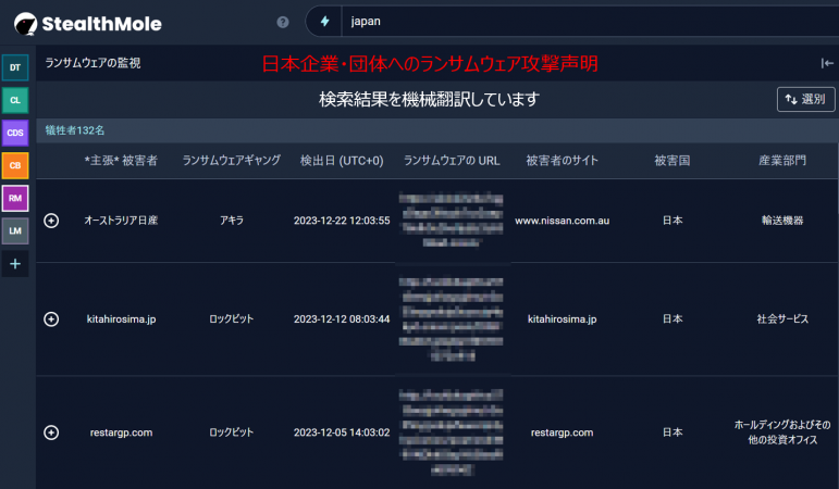 [注意喚起]　2023年12月　日本企業へのランサムウェア攻撃表明件数